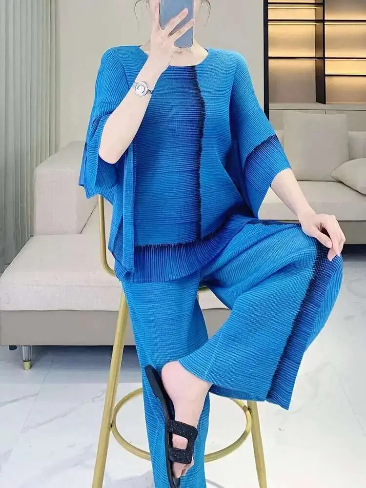 LANMREM High Quality Women's Pleated Pants Sets Tie Dye Printed Pullover Top + Straight Leg Wide Leg Pants Two-piece Set 2DB2633