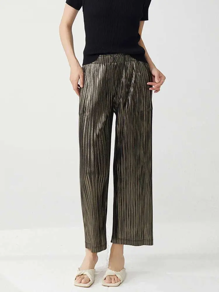 LANMREM Women's Pleated Casual Ankle-length Pants Slimming Elastic Waist Loose Straight Trousers 2025 New Summer Bottoms 2DB2611