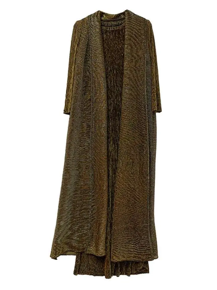 LANMREM Pleated 2 Pieces Sets Solid Color Fashion Long Sleeves Coat Round Neck Sleeveless Dress 2025 Spring New Clothing 2AA1750