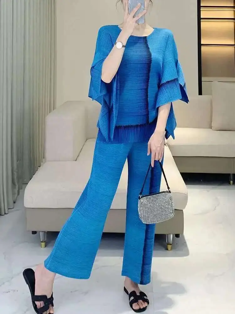 LANMREM High Quality Women's Pleated Pants Sets Tie Dye Printed Pullover Top + Straight Leg Wide Leg Pants Two-piece Set 2DB2633