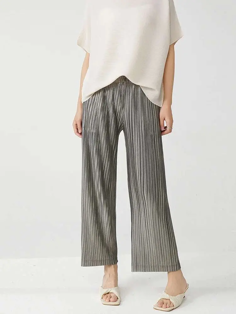 LANMREM Women's Pleated Casual Ankle-length Pants Slimming Elastic Waist Loose Straight Trousers 2025 New Summer Bottoms 2DB2611