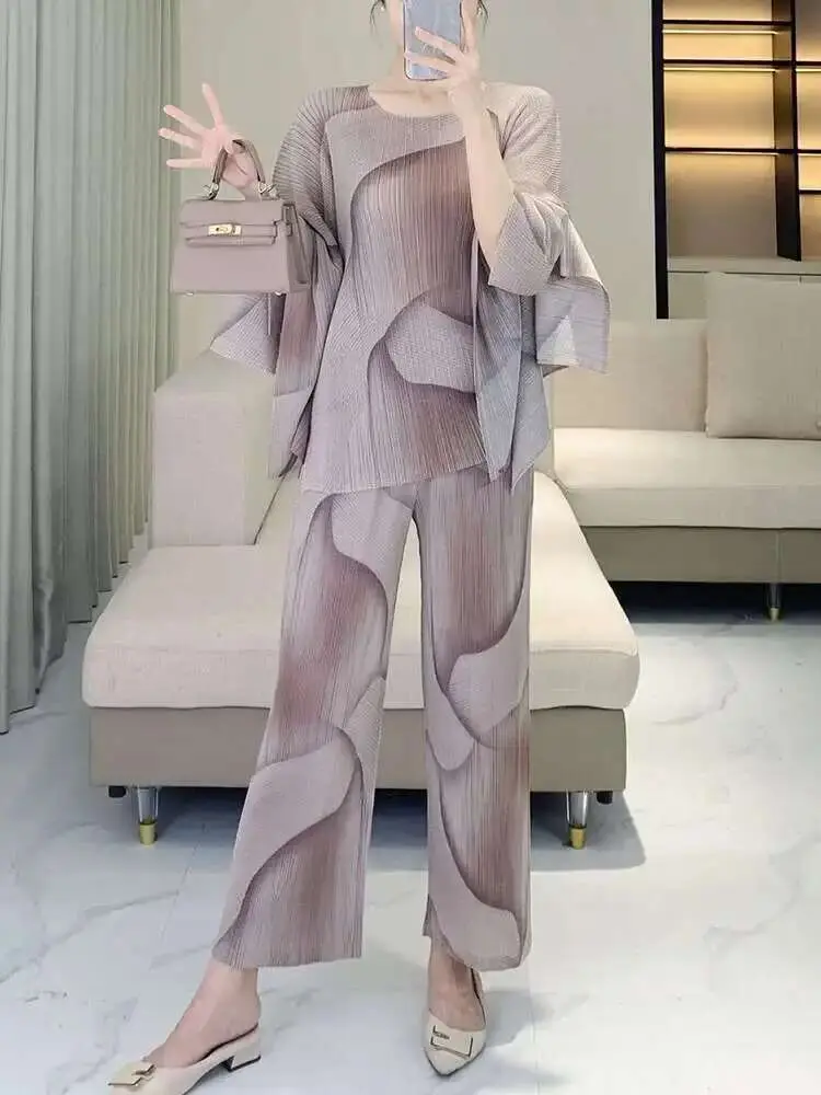 LANMREM High Quality Women's Pleated Pants Sets Tie Dye Printed Pullover Top + Straight Leg Wide Leg Pants Two-piece Set 2DB2633