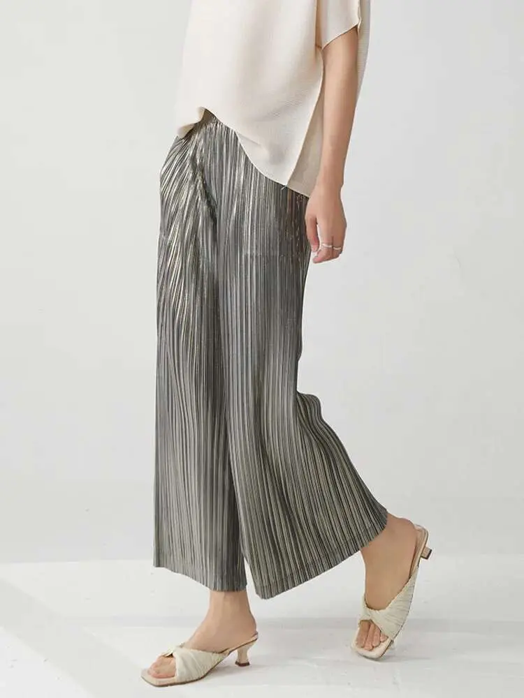 LANMREM Women's Pleated Casual Ankle-length Pants Slimming Elastic Waist Loose Straight Trousers 2025 New Summer Bottoms 2DB2611