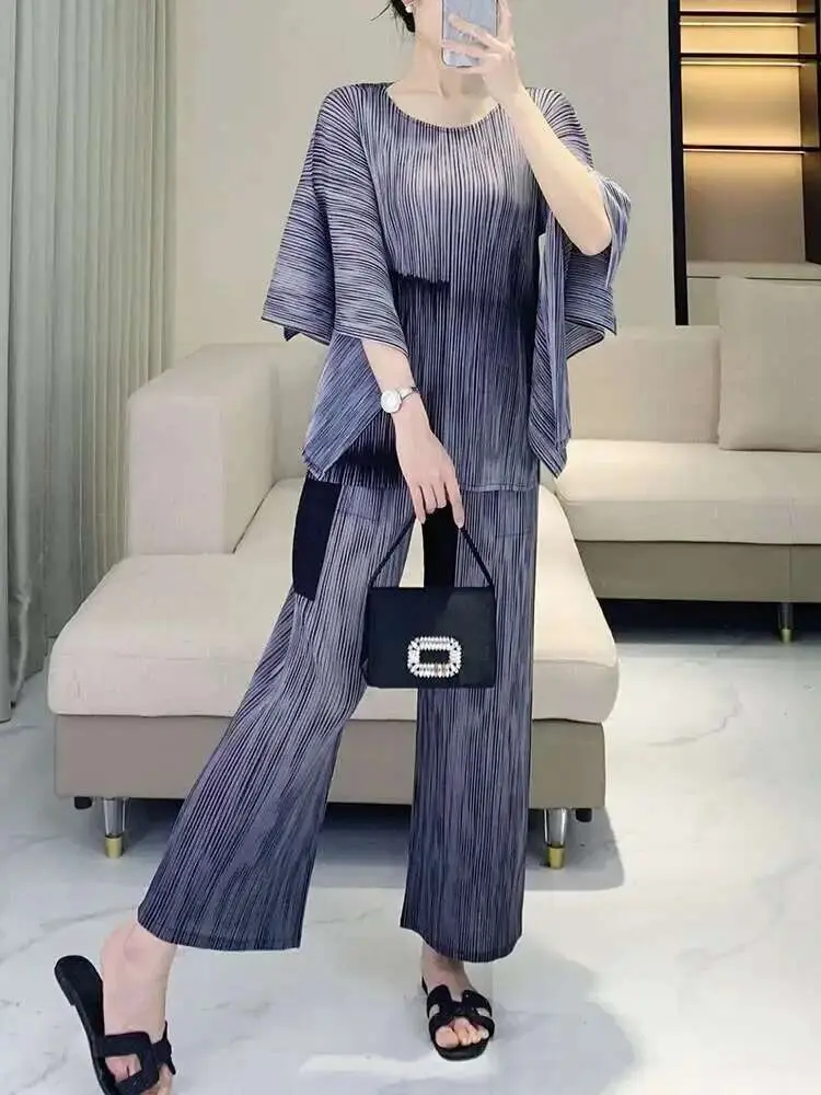 LANMREM High Quality Women's Pleated Pants Sets Tie Dye Printed Pullover Top + Straight Leg Wide Leg Pants Two-piece Set 2DB2633