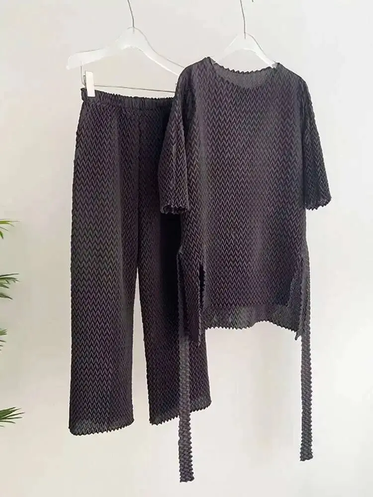 LANMREM 2 Pieces Pleated Sets For Women Round Neck Bandage Shirt With Loose Trouses Female Fashion Clothing Spring New 2DB2228