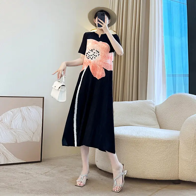 LANMREM Printting Elastic Loose Pleated Women's Summer Dress Chic New Short Sleeve Fashion Side Vent Design Dresses 2DB3870