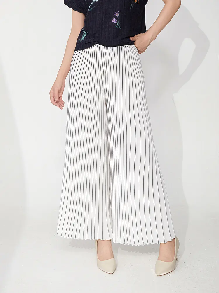 LANMREM Women's Summer Casual Pleated Trousers Loose Fit Elastic Waist Versatile White Wide Leg Pants 2025 New Bottoms 2DB3067