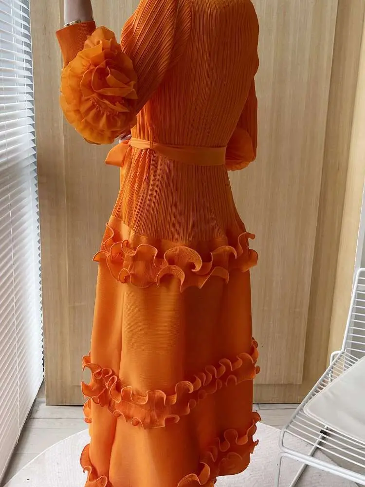 LANMREM Elegant Women Pleated Dress O Neck 3D Floral Long Sleeves Fungus Spliced Design A-line Dresses Fashion Party New 2AA1375