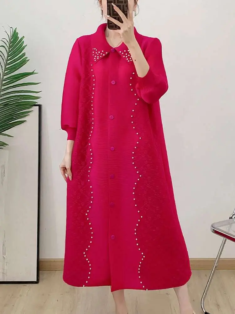 LANMREM Niche Lace Nail Beads Design Pleated Dress Women's 2025 New Lapel Single Breasted Cardigan Loose Casual Dresses 2DB2568