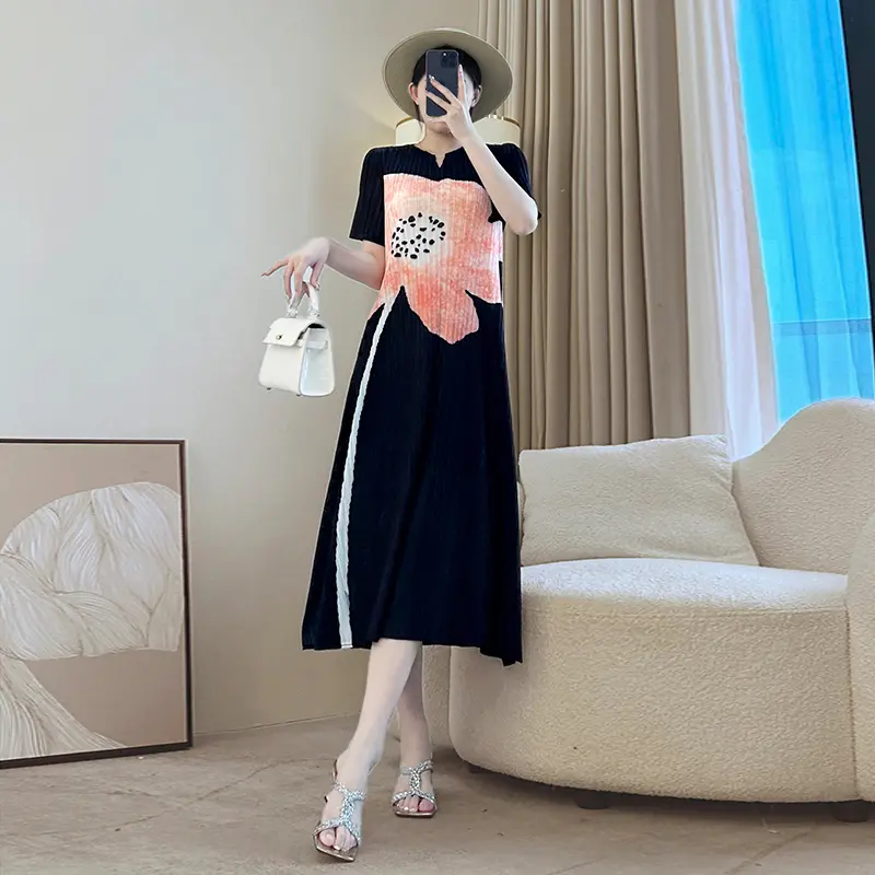 LANMREM Printting Elastic Loose Pleated Women's Summer Dress Chic New Short Sleeve Fashion Side Vent Design Dresses 2DB3870