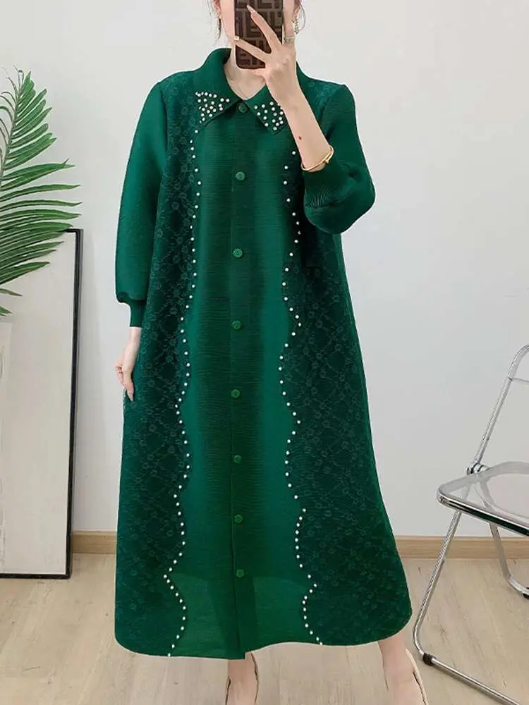 LANMREM Niche Lace Nail Beads Design Pleated Dress Women's 2025 New Lapel Single Breasted Cardigan Loose Casual Dresses 2DB2568
