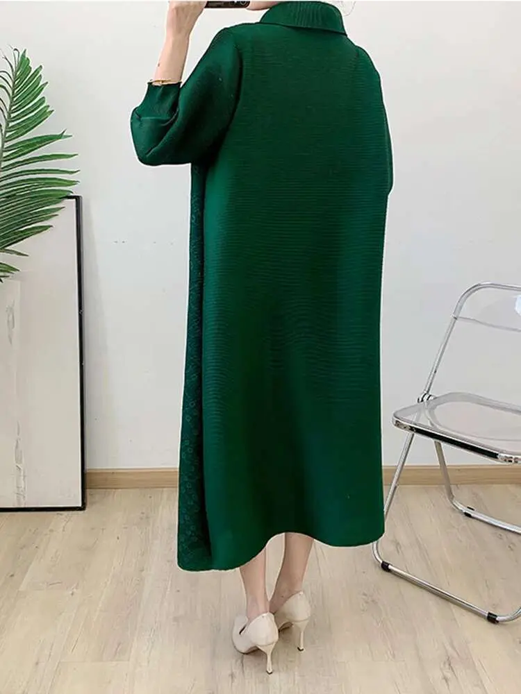 LANMREM Niche Lace Nail Beads Design Pleated Dress Women's 2025 New Lapel Single Breasted Cardigan Loose Casual Dresses 2DB2568