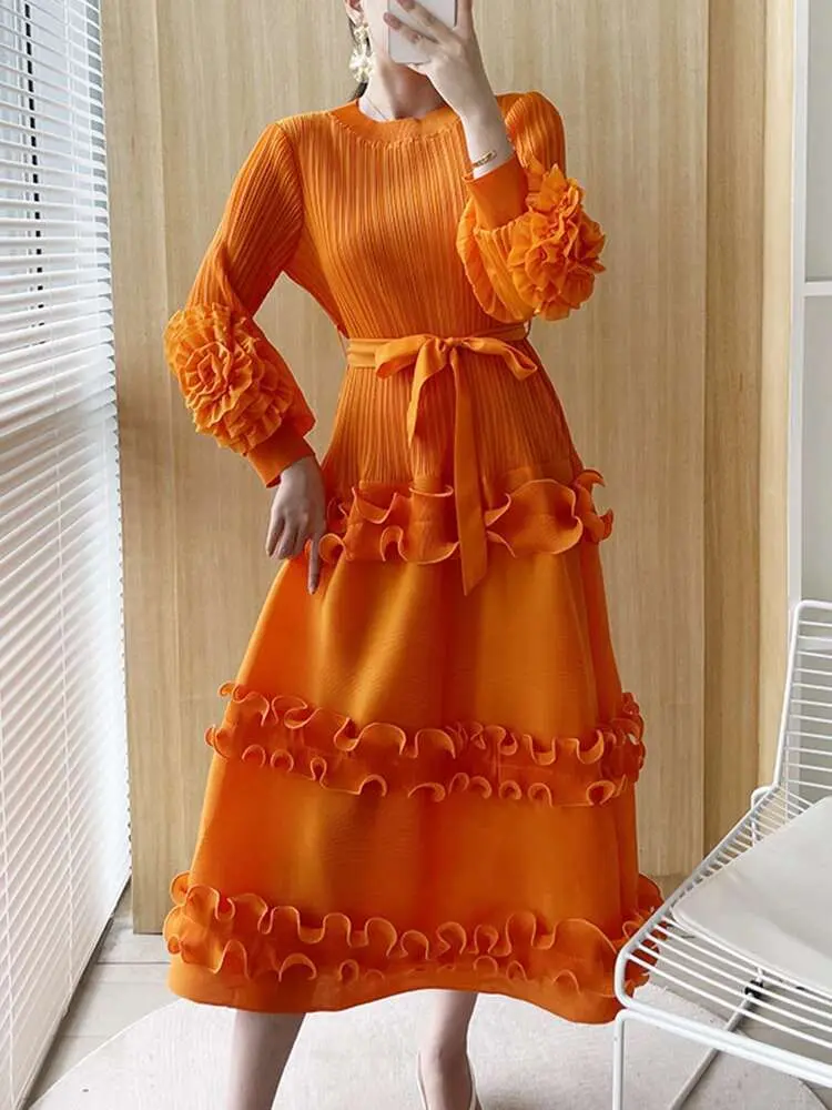 LANMREM Elegant Women Pleated Dress O Neck 3D Floral Long Sleeves Fungus Spliced Design A-line Dresses Fashion Party New 2AA1375
