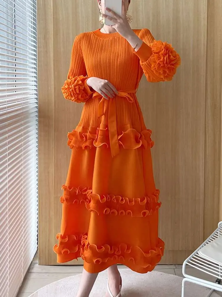LANMREM Elegant Women Pleated Dress O Neck 3D Floral Long Sleeves Fungus Spliced Design A-line Dresses Fashion Party New 2AA1375