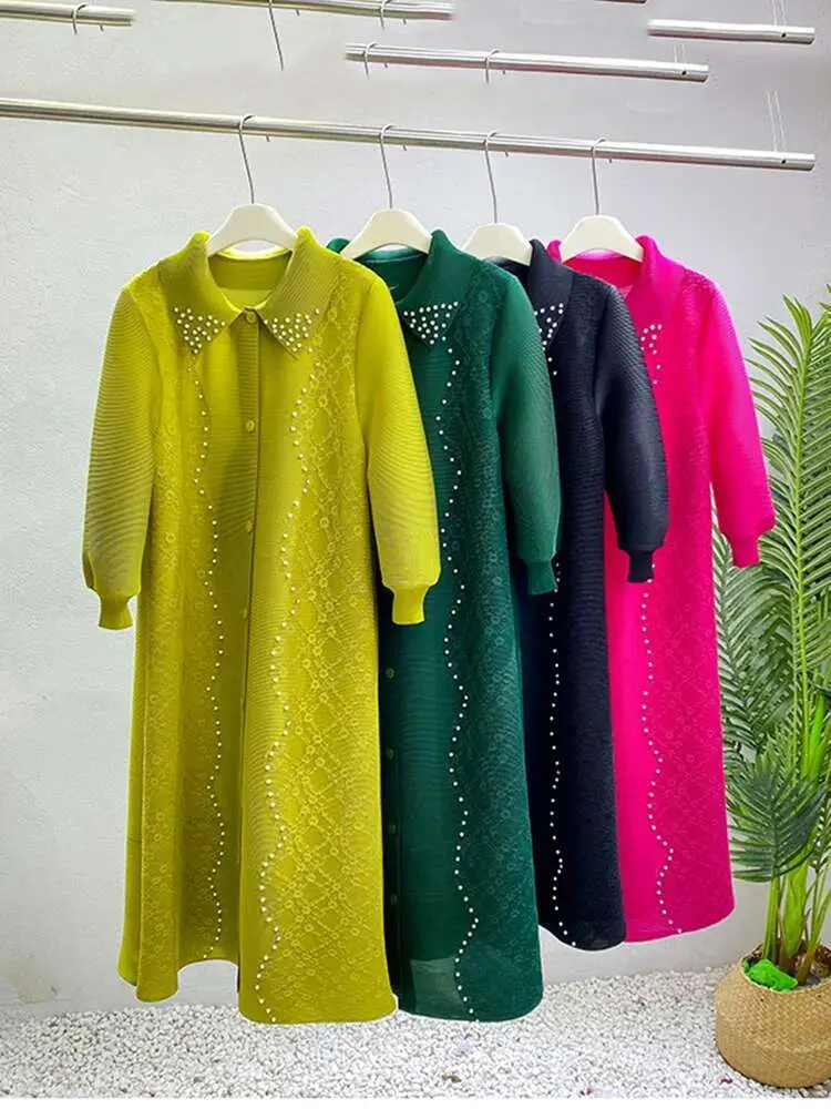 LANMREM Niche Lace Nail Beads Design Pleated Dress Women's 2025 New Lapel Single Breasted Cardigan Loose Casual Dresses 2DB2568
