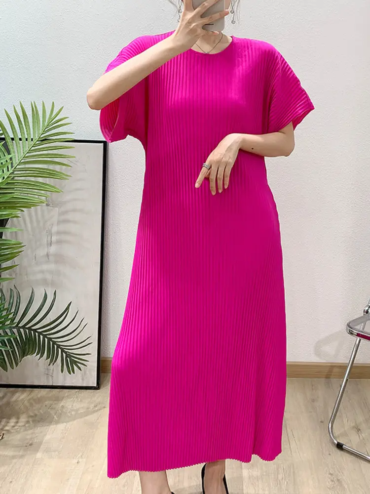 LANMREM Pleated Short Sleeved Women's Dress Loose Casual Round Collar Mid Length Dresses 2025 New Summer Fashion Famale Clothing