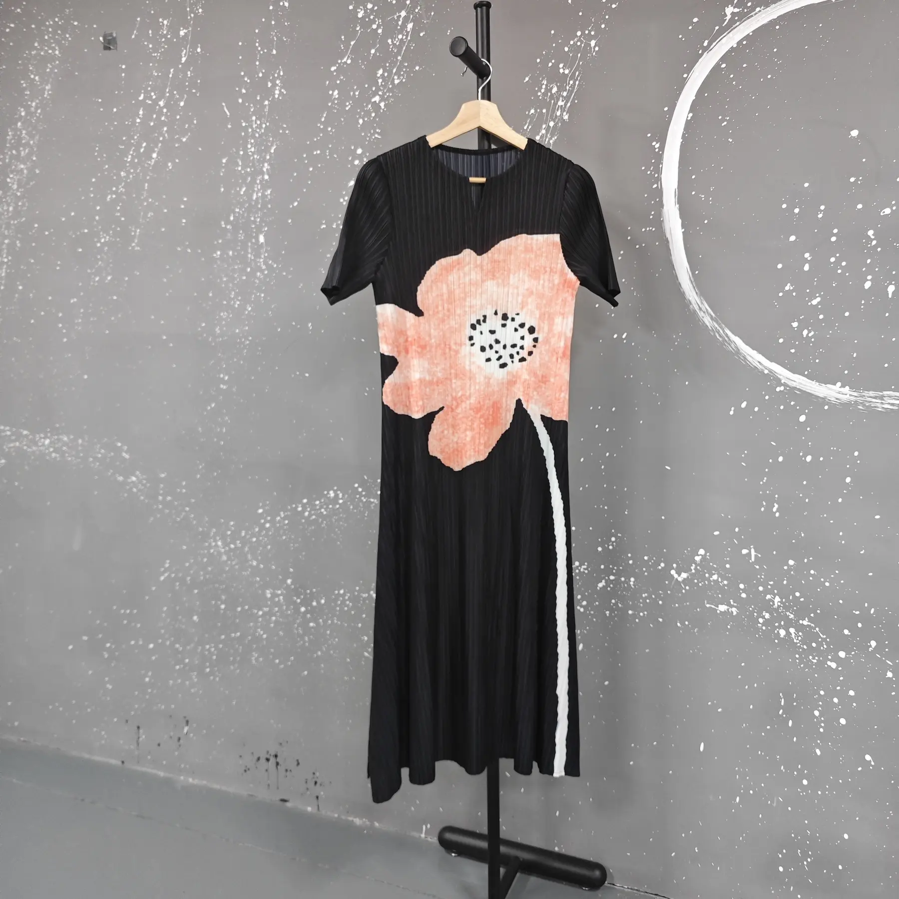 LANMREM Printting Elastic Loose Pleated Women's Summer Dress Chic New Short Sleeve Fashion Side Vent Design Dresses 2DB3870