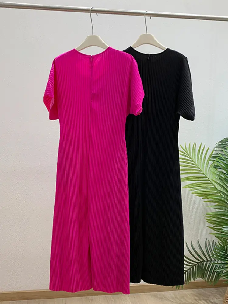 LANMREM Pleated Short Sleeved Women's Dress Loose Casual Round Collar Mid Length Dresses 2025 New Summer Fashion Famale Clothing