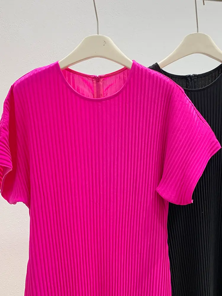 LANMREM Pleated Short Sleeved Women's Dress Loose Casual Round Collar Mid Length Dresses 2025 New Summer Fashion Famale Clothing
