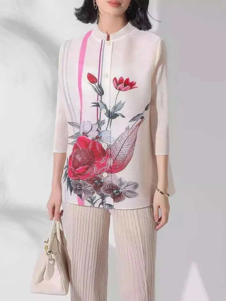 LANMREM Chinese Style Print Pleated Shirt Women Stand Collar Three Quarter Sleeve Single Breasted Blouses 2025 Spring New 2Z2543