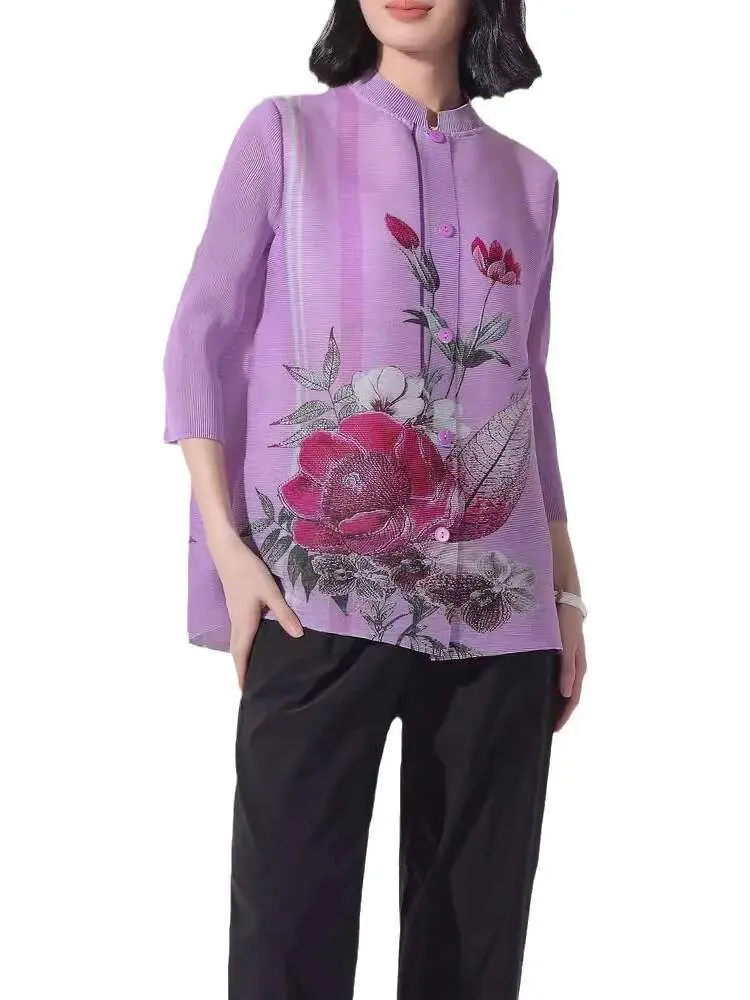 LANMREM Chinese Style Print Pleated Shirt Women Stand Collar Three Quarter Sleeve Single Breasted Blouses 2025 Spring New 2Z2543