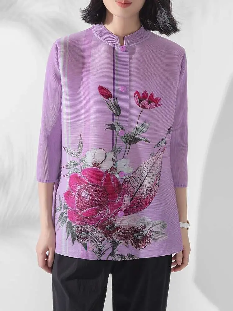 LANMREM Chinese Style Print Pleated Shirt Women Stand Collar Three Quarter Sleeve Single Breasted Blouses 2025 Spring New 2Z2543