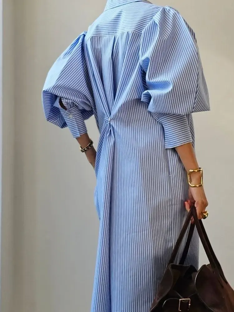 LANMREM Korean Style Striped Dress For Women Lapel Lantern Sleeves Single Breasted Irregular Dresses 2025 New Clothing 2Z2052