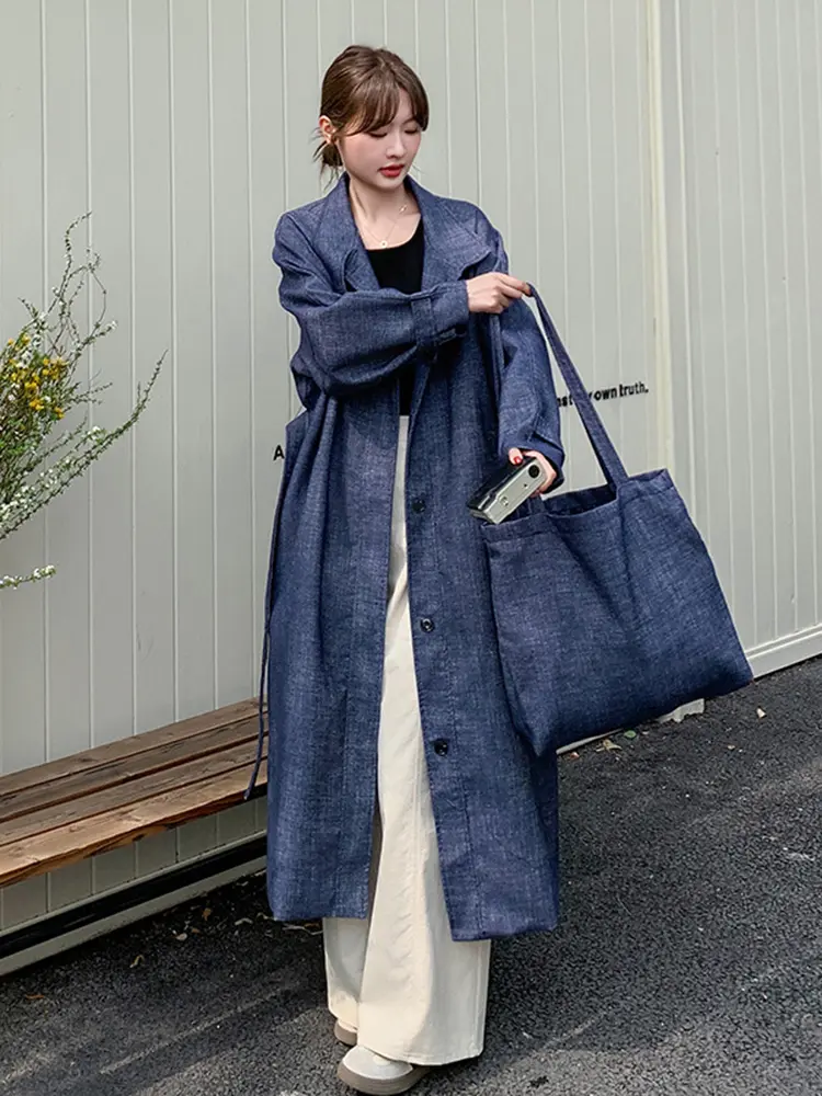 LANMREM Women's Loose Denim Trench Coat With Bag 2025 New Single Breasted Windbreaker Tide Lapel Long Coats Korean Chic 2DB2750