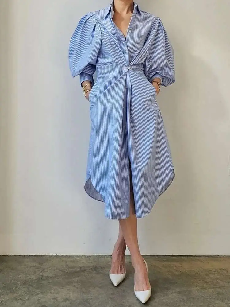 LANMREM Korean Style Striped Dress For Women Lapel Lantern Sleeves Single Breasted Irregular Dresses 2025 New Clothing 2Z2052