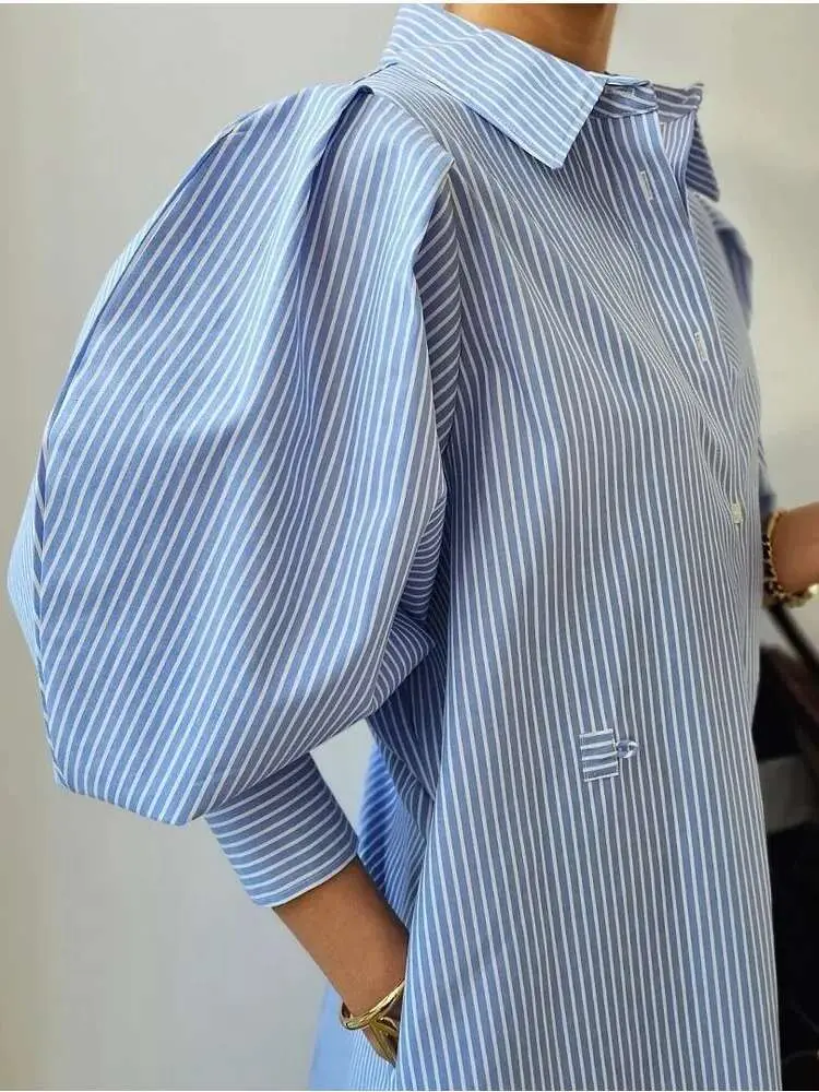 LANMREM Korean Style Striped Dress For Women Lapel Lantern Sleeves Single Breasted Irregular Dresses 2025 New Clothing 2Z2052