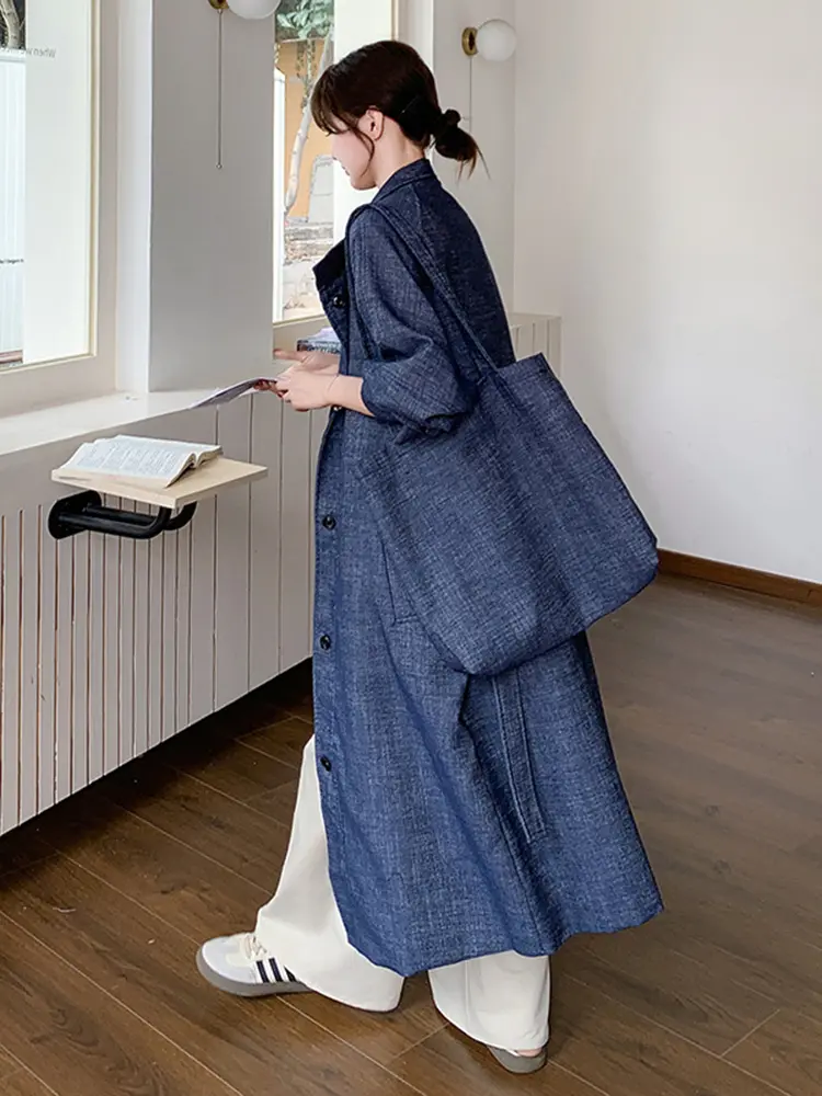 LANMREM Women's Loose Denim Trench Coat With Bag 2025 New Single Breasted Windbreaker Tide Lapel Long Coats Korean Chic 2DB2750