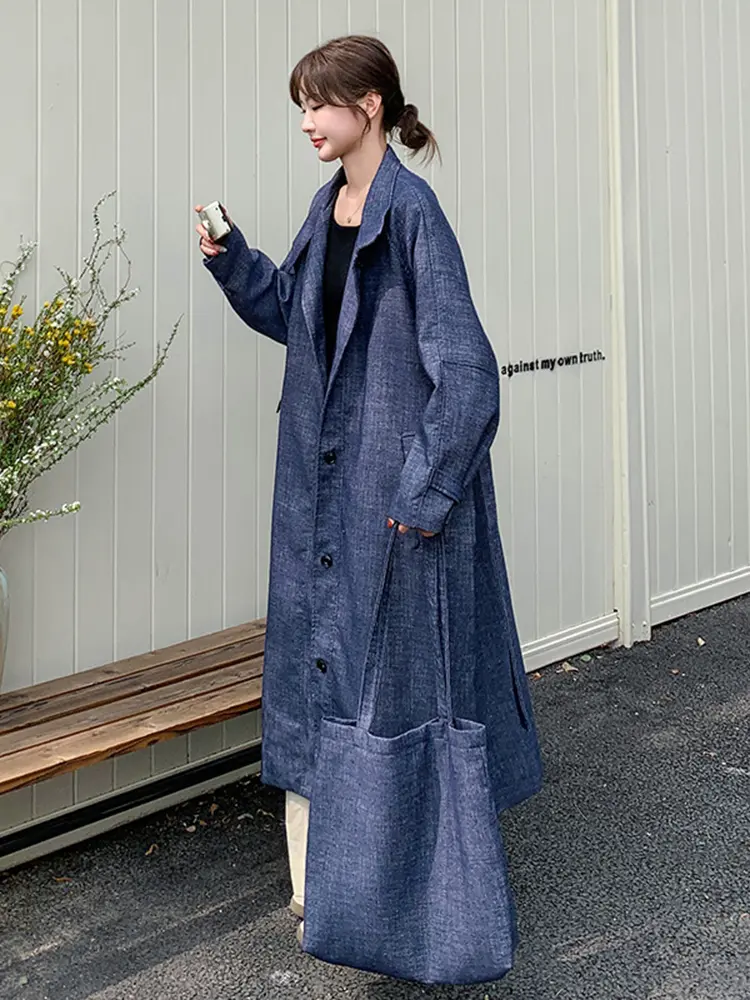 LANMREM Women's Loose Denim Trench Coat With Bag 2025 New Single Breasted Windbreaker Tide Lapel Long Coats Korean Chic 2DB2750