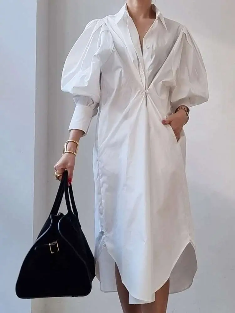LANMREM Korean Style Striped Dress For Women Lapel Lantern Sleeves Single Breasted Irregular Dresses 2025 New Clothing 2Z2052