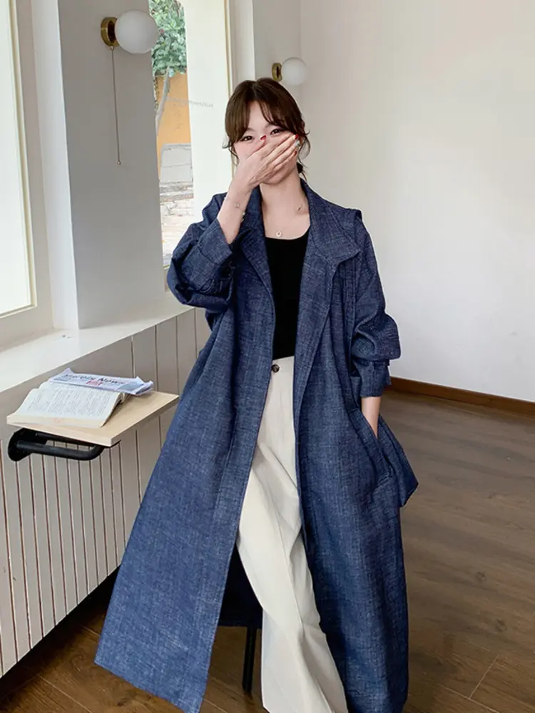 LANMREM Women's Loose Denim Trench Coat With Bag 2025 New Single Breasted Windbreaker Tide Lapel Long Coats Korean Chic 2DB2750