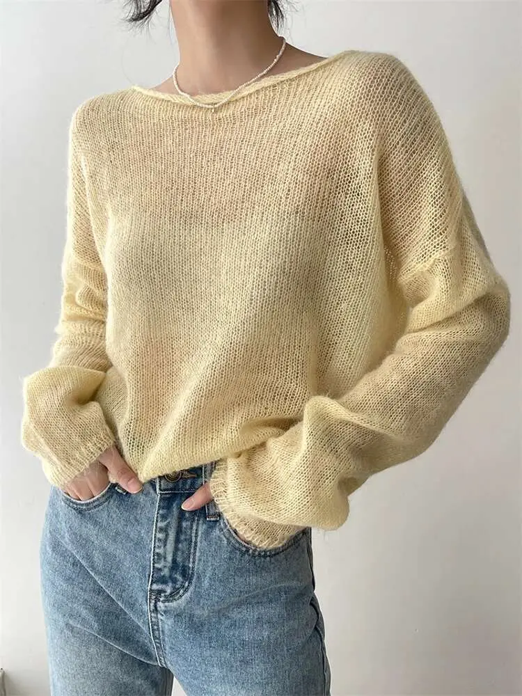LANMREM Thin Knitted Sweater Women Long Sleeves Solid Color Transparent Pullover Female Fashion Top 2025 Spring Winter 2R4360