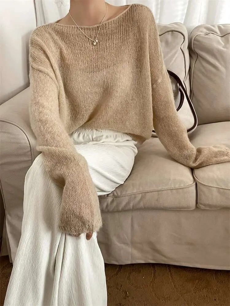 LANMREM Thin Knitted Sweater Women Long Sleeves Solid Color Transparent Pullover Female Fashion Top 2025 Spring Winter 2R4360