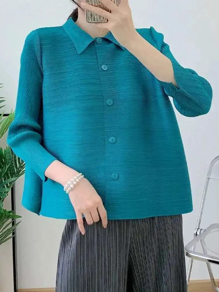 LANMREM Pleated Shirts Lapel Solid Color Single Breasted Three Quarter Sleeves Thin Top 2025 Spring New Casual Clothing 2DA1333