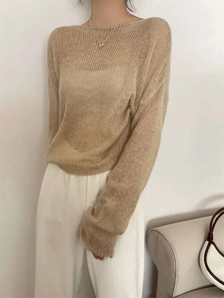 LANMREM Thin Knitted Sweater Women Long Sleeves Solid Color Transparent Pullover Female Fashion Top 2025 Spring Winter 2R4360