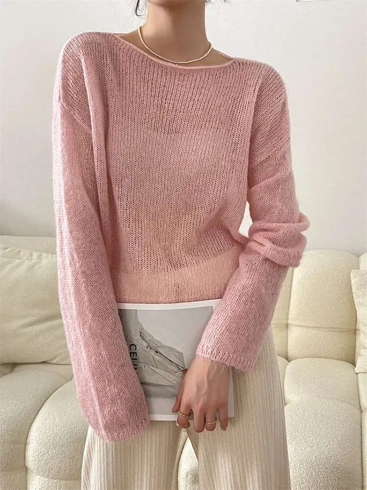 LANMREM Thin Knitted Sweater Women Long Sleeves Solid Color Transparent Pullover Female Fashion Top 2025 Spring Winter 2R4360