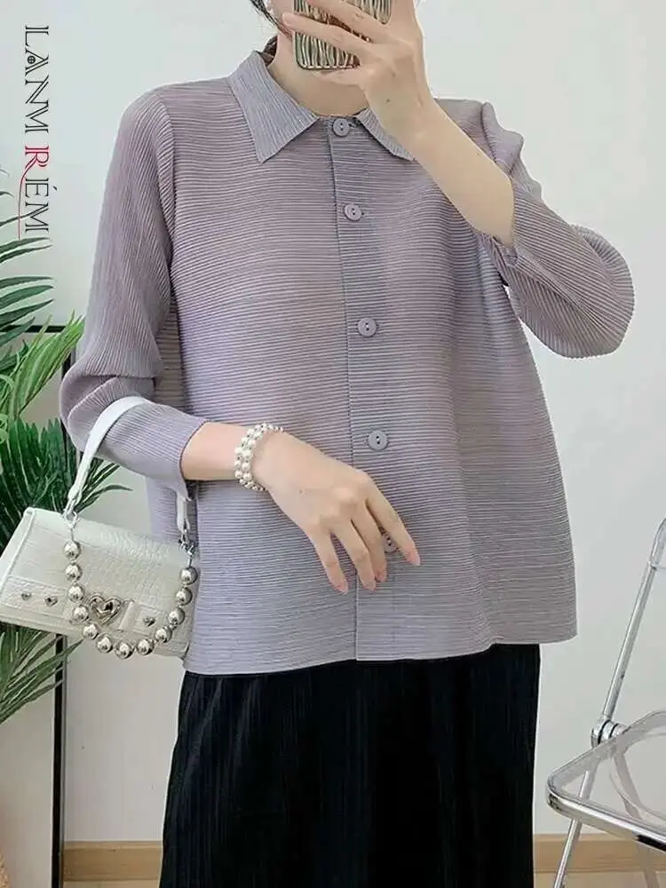 LANMREM Pleated Shirts Lapel Solid Color Single Breasted Three Quarter Sleeves Thin Top 2025 Spring New Casual Clothing 2DA1333