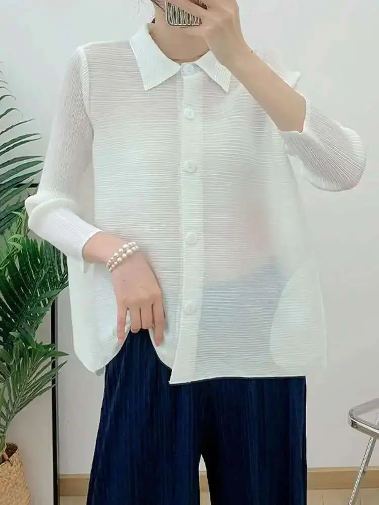 LANMREM Pleated Shirts Lapel Solid Color Single Breasted Three Quarter Sleeves Thin Top 2025 Spring New Casual Clothing 2DA1333