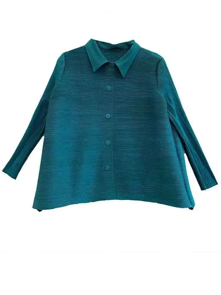 LANMREM Pleated Shirts Lapel Solid Color Single Breasted Three Quarter Sleeves Thin Top 2025 Spring New Casual Clothing 2DA1333