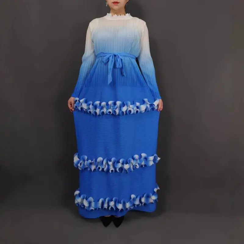LANMREM Chic New High-End Gradient Color Ruffled Pleated Dress For Women Elastic Loose Long Sleeve Tie Famale Clothing 2DB4182