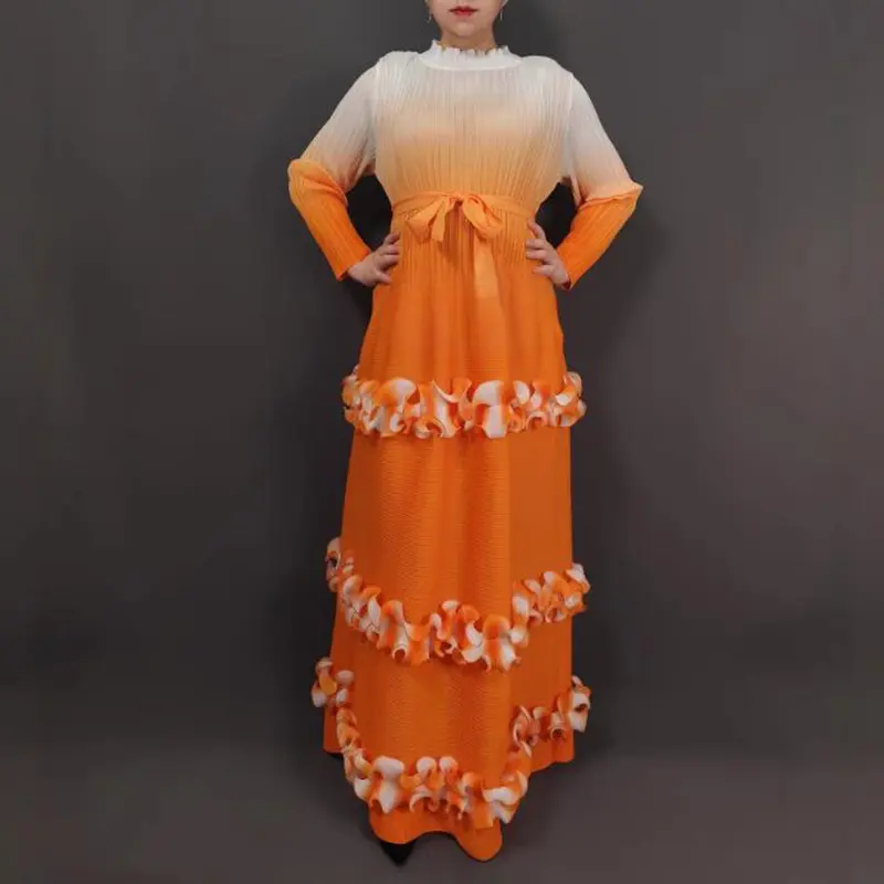 LANMREM Chic New High-End Gradient Color Ruffled Pleated Dress For Women Elastic Loose Long Sleeve Tie Famale Clothing 2DB4182