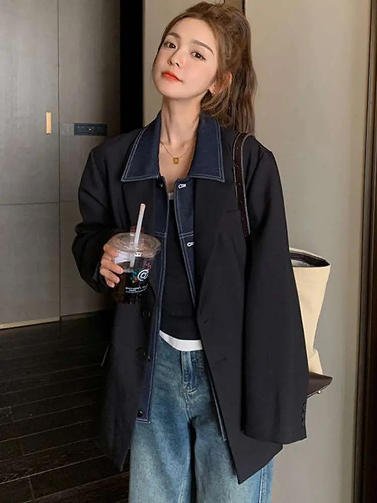 LANMREM Denim Spliced Lapel Blazer Women Fashion Long Sleeves Single Breasted Black Coat Streetwear 2025 Spring New 2AA2159