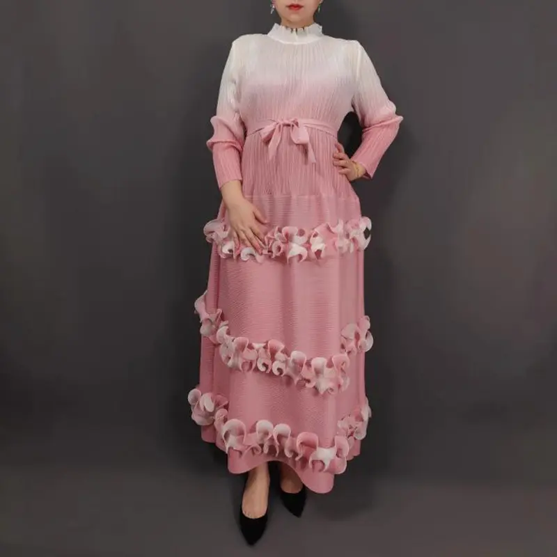 LANMREM Chic New High-End Gradient Color Ruffled Pleated Dress For Women Elastic Loose Long Sleeve Tie Famale Clothing 2DB4182