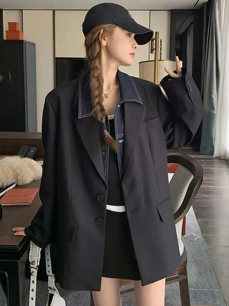 LANMREM Denim Spliced Lapel Blazer Women Fashion Long Sleeves Single Breasted Black Coat Streetwear 2025 Spring New 2AA2159