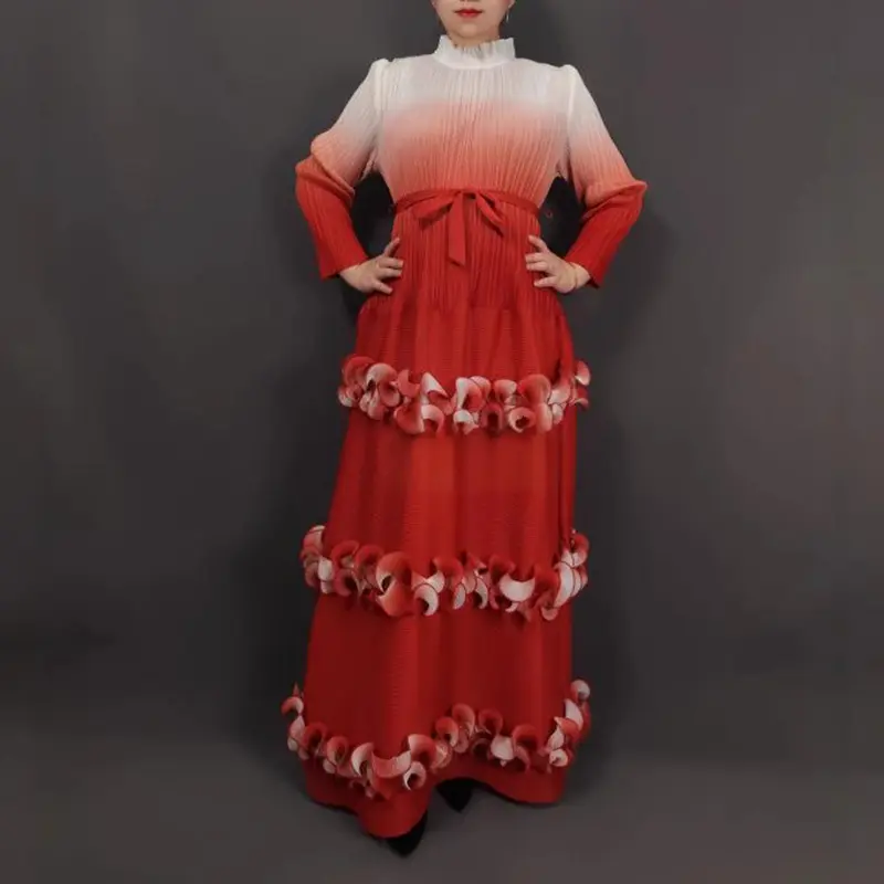LANMREM Chic New High-End Gradient Color Ruffled Pleated Dress For Women Elastic Loose Long Sleeve Tie Famale Clothing 2DB4182