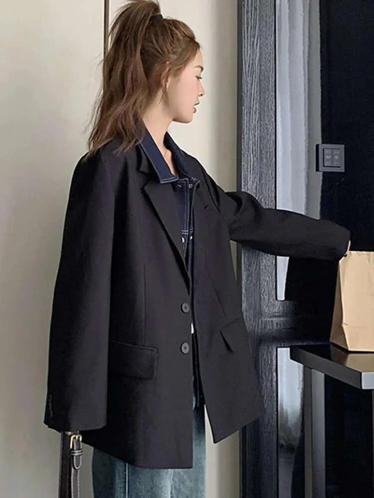 LANMREM Denim Spliced Lapel Blazer Women Fashion Long Sleeves Single Breasted Black Coat Streetwear 2025 Spring New 2AA2159