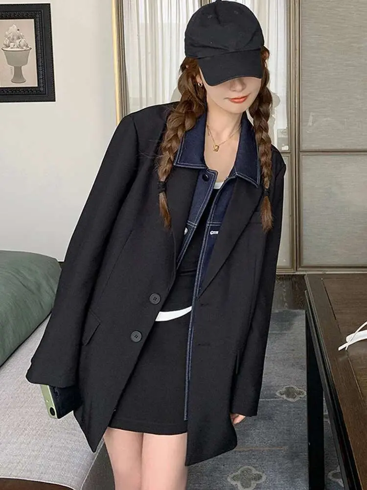 LANMREM Denim Spliced Lapel Blazer Women Fashion Long Sleeves Single Breasted Black Coat Streetwear 2025 Spring New 2AA2159